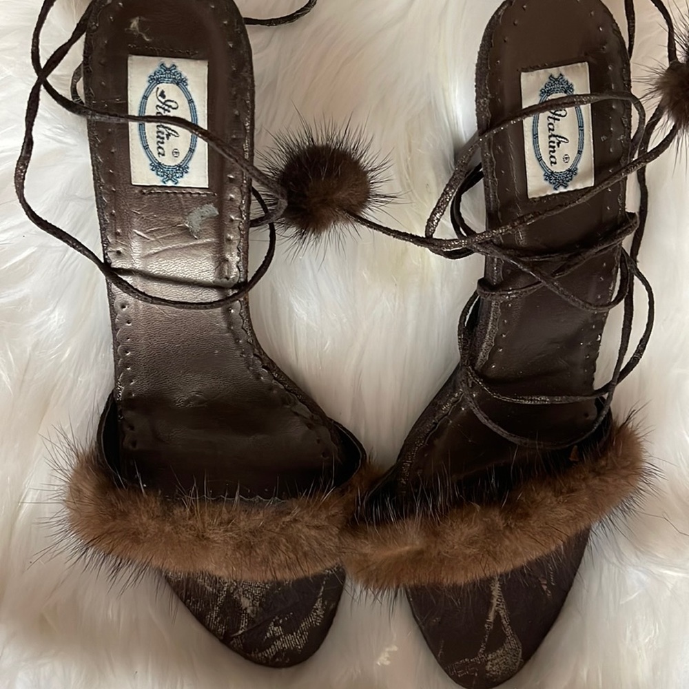 Foxy Fur stilettoes with ankle ties.